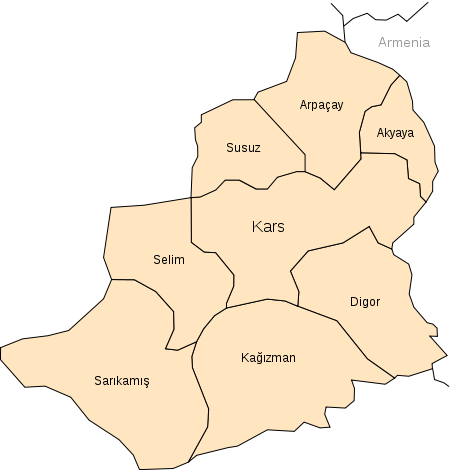 Kars ilçe haritası(Kars (il merkezi) Akyaka. Arpaçay. Digor. Kağızman. Sarıkamış Selim. Susuz.)
